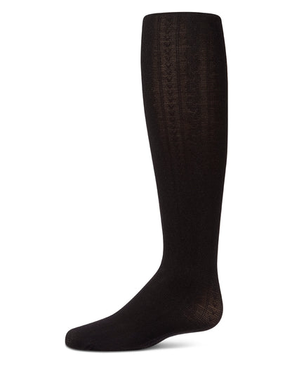 Girls' black cable-knit tights, side view, on a white background
