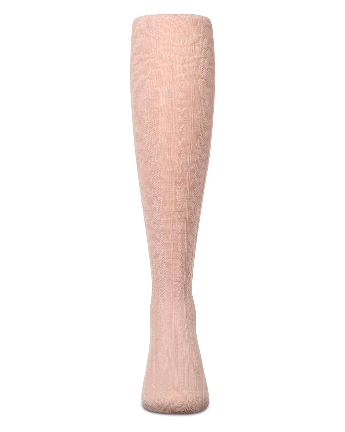 Girls' blush pink cable-knit tights, front view, on a white background
