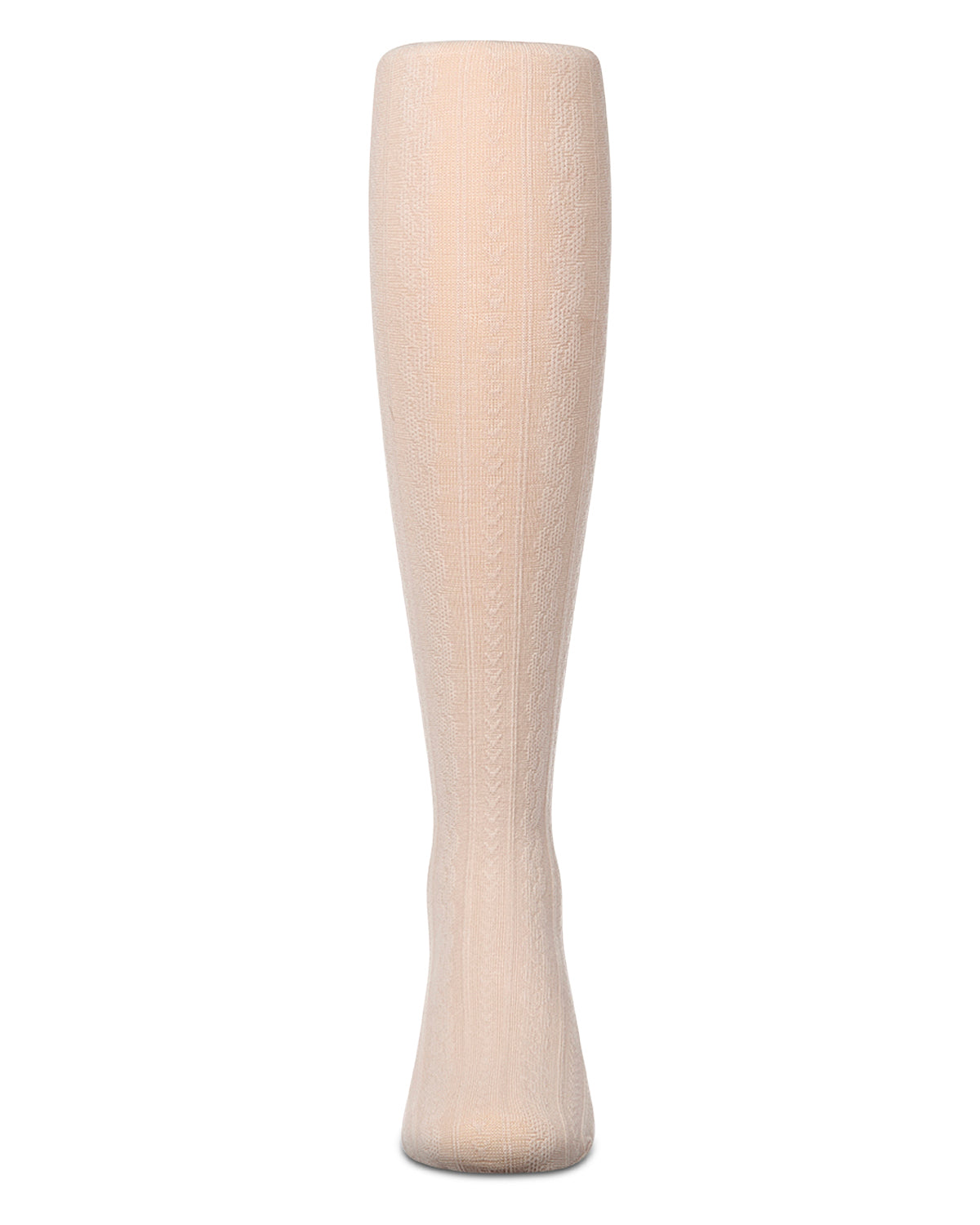 Girls' latte cable-knit tights, front view, on a white background