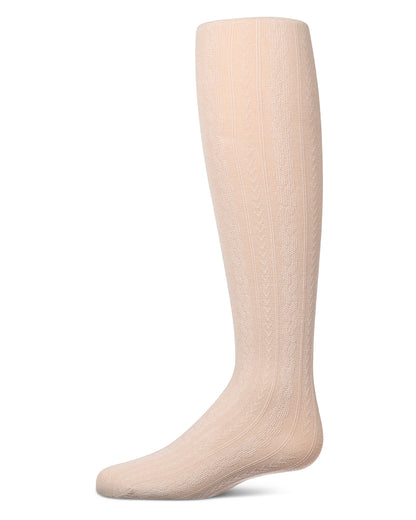 Girls' latte cable-knit tights, side view, on a white background