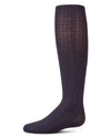 Girls' navy cable-knit tights, side view, on a white background