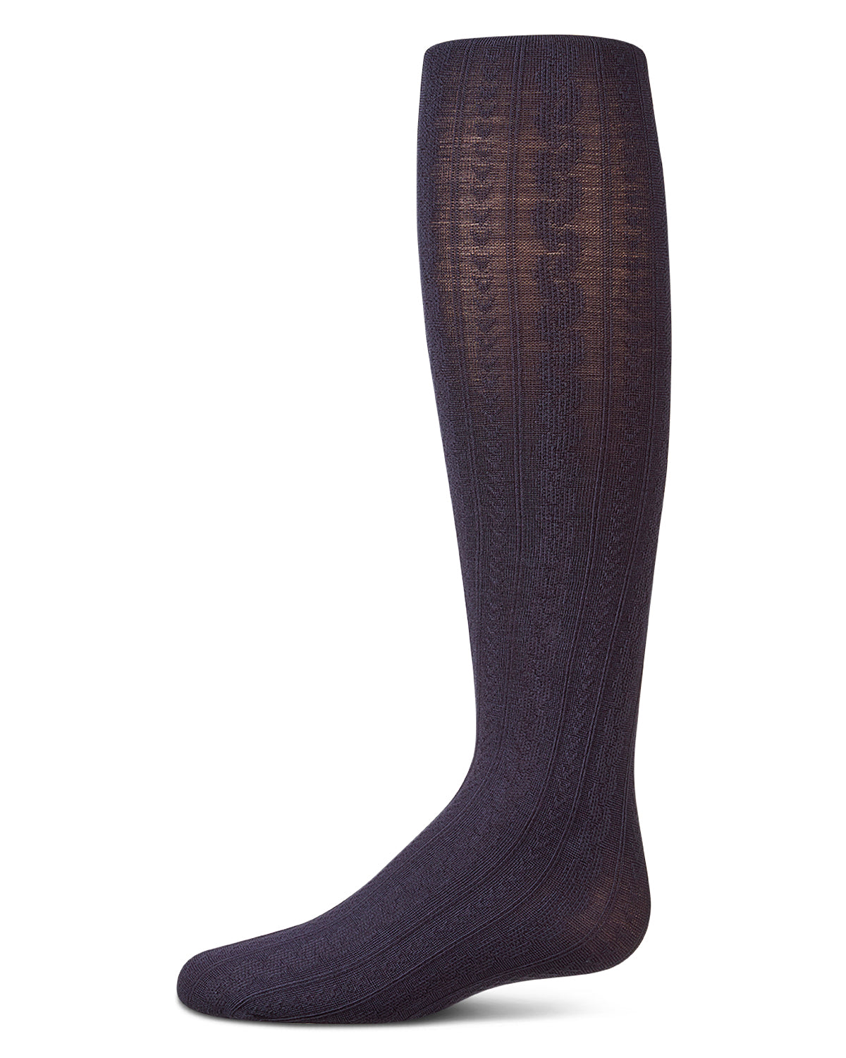 Girls' navy cable-knit tights, side view, on a white background