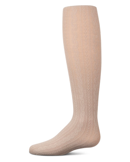 Girls' taupe cable-knit tights, side view, on a white background