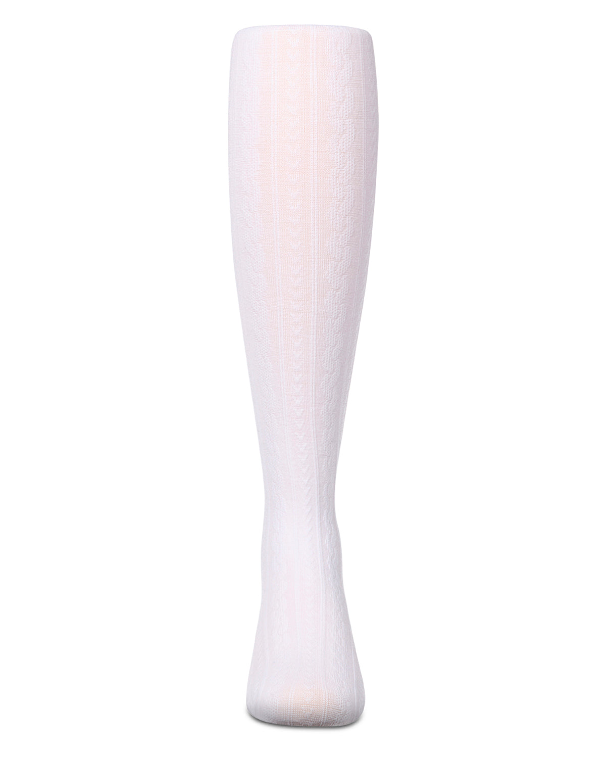 Girls' white cable-knit tights, front view, on a white background