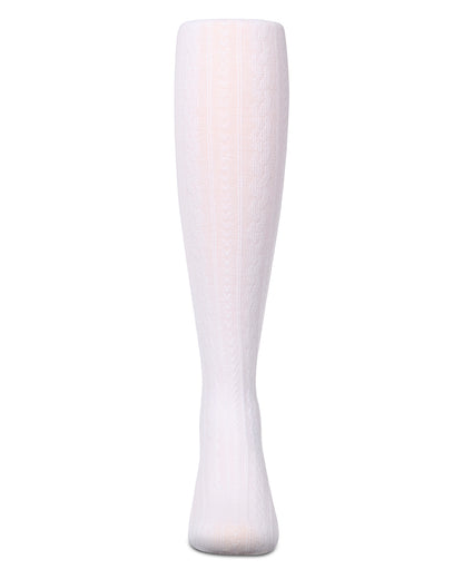 Girls' white cable-knit tights, front view, on a white background