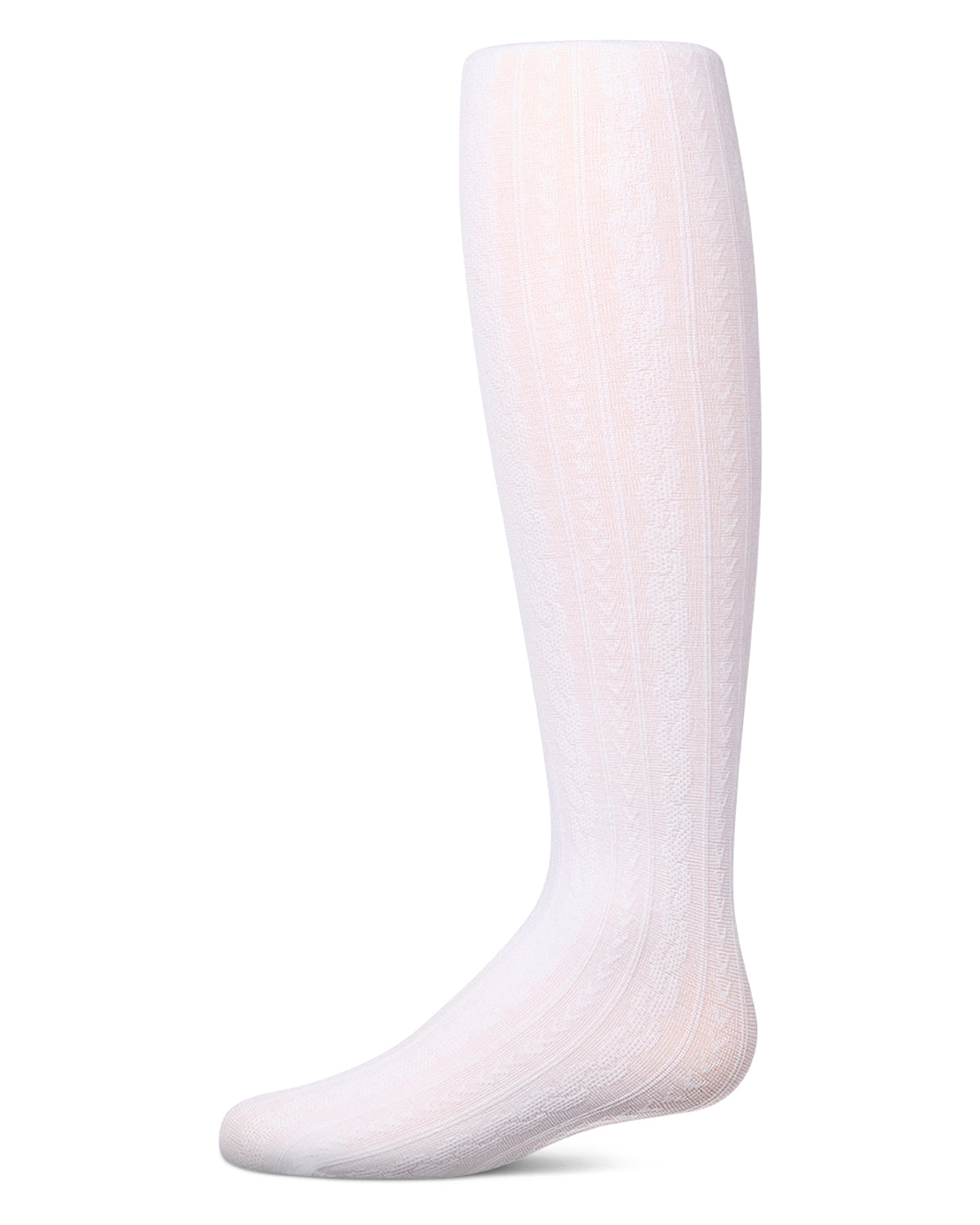 Girls' white cable-knit tights, side view, on a white background