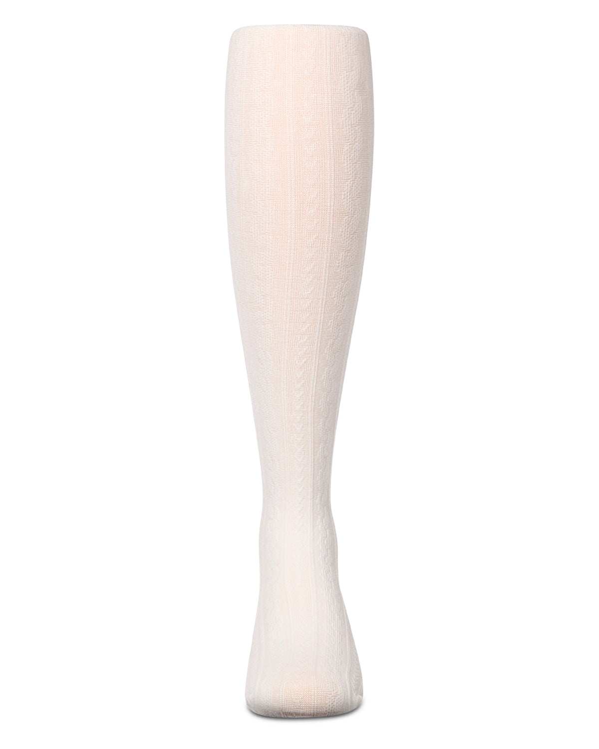 Girls' winter white cable-knit tights, front view, on a white background