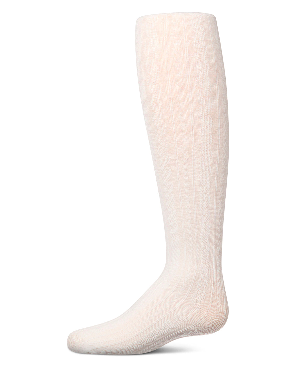 Girls' winter white cable-knit tights, side view, on a white background
