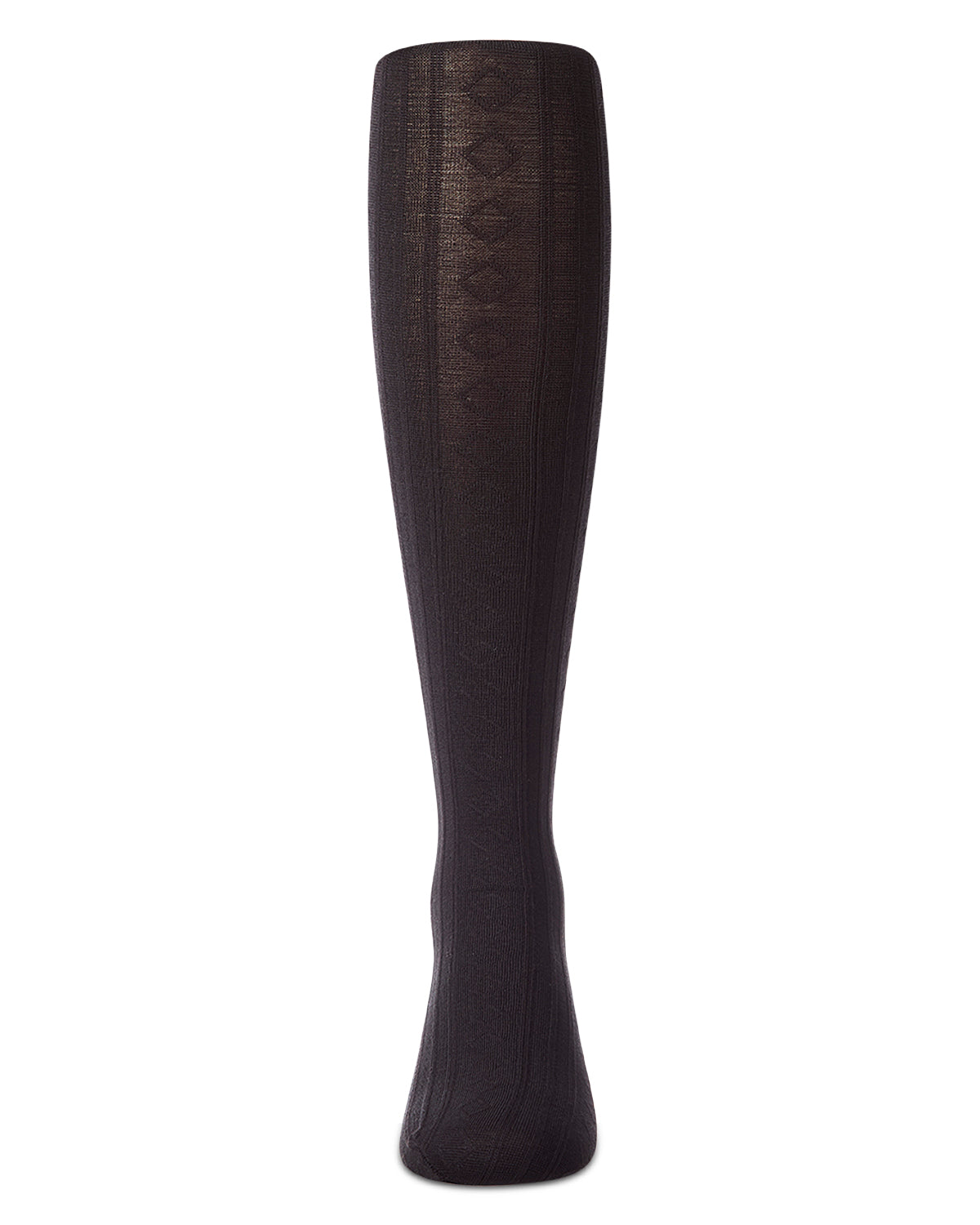 A single knee-high black sock with a textured knit pattern and subtle vertical ribbing, shown against a plain white background.