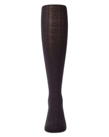 A single knee-high black sock with a textured knit pattern and subtle vertical ribbing, shown against a plain white background.