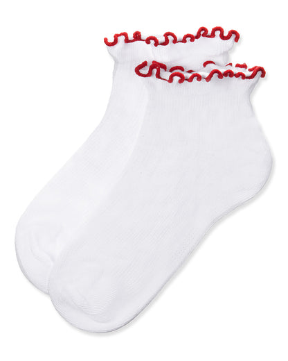 Girls' Colored Ruffle Anklet Socks : Color: White-Red
