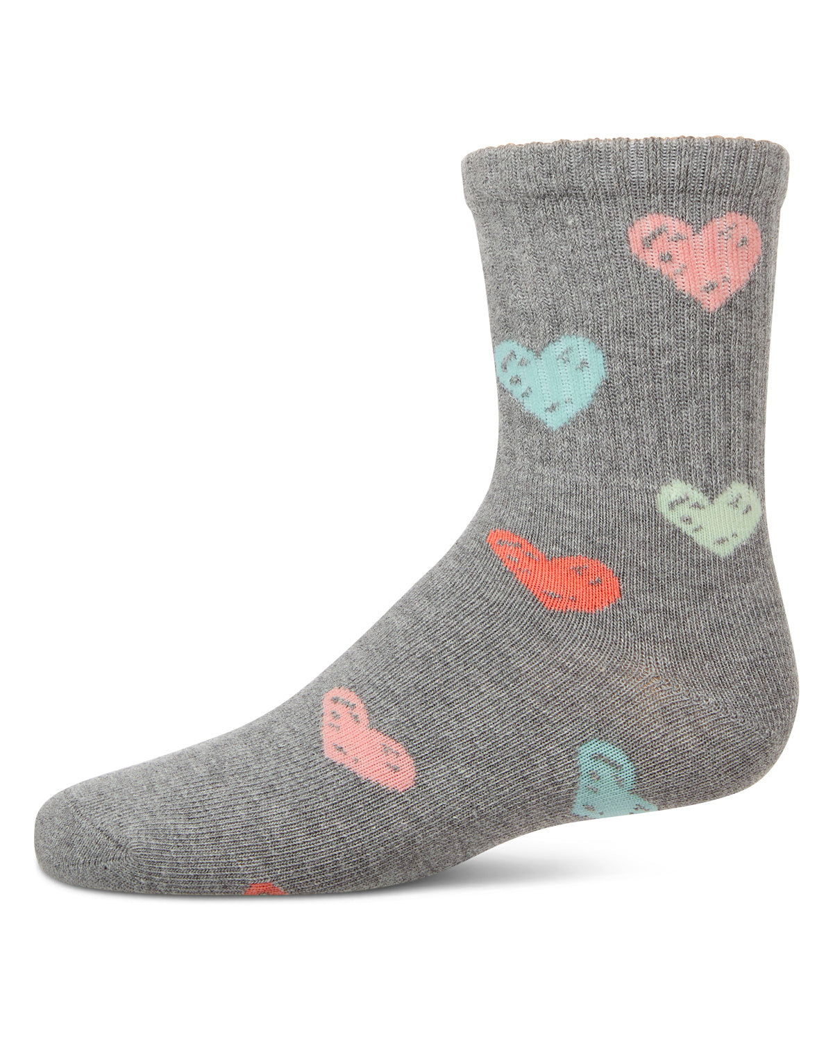 Girls Cozy Ribbed Cotton Blend "Graffiti Heart" Crew Sock : Color: Med Gray Heather