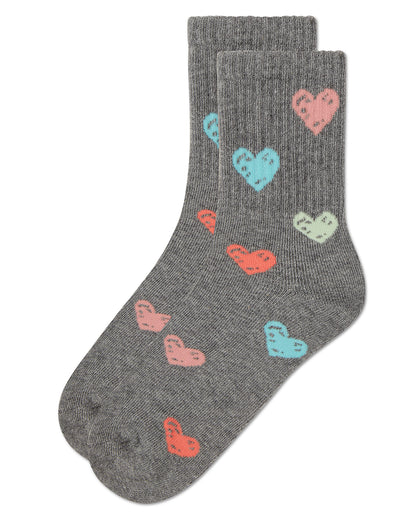 Girls Cozy Ribbed Cotton Blend "Graffiti Heart" Crew Sock : Color: Black