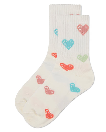 Girls Cozy Ribbed Cotton Blend "Graffiti Heart" Crew Sock : Color: Black