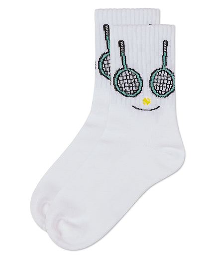 Girls' Tennis Smiley Face Crew Socks : Color: White