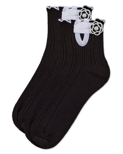 Girls' Floral Button Anklet Socks : Color: Black
