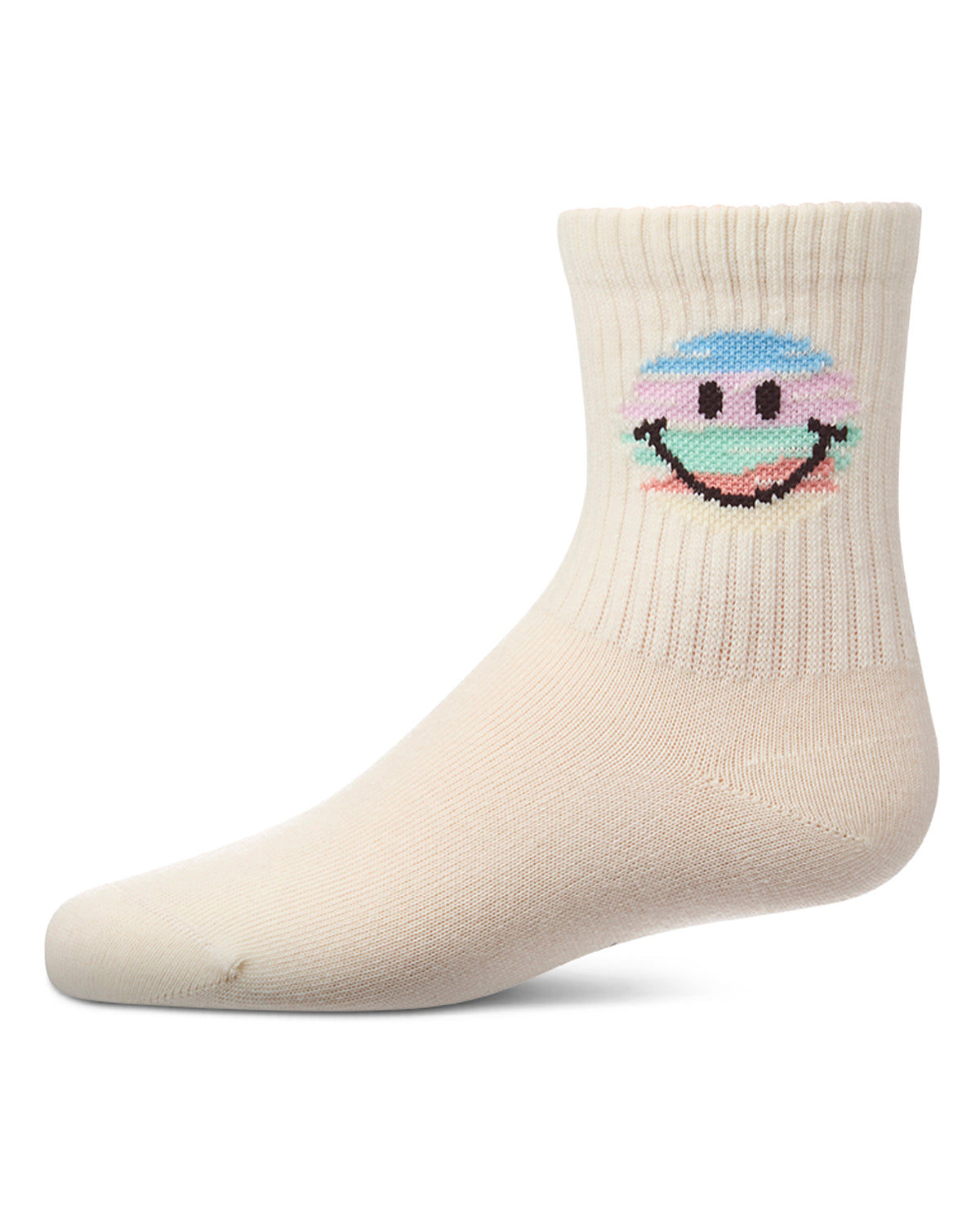 Girls "Colorful Smiley Face" Pointelle Ribbed Cotton-Rich Novelty Crew Sock
