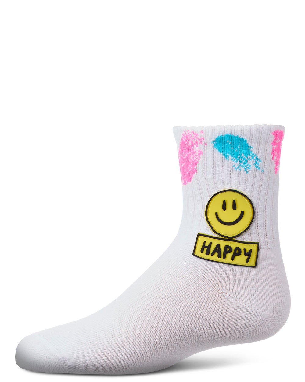 Girls "Happy Face" Cotton Blend Crew Sock with Splatter Paint Graphics