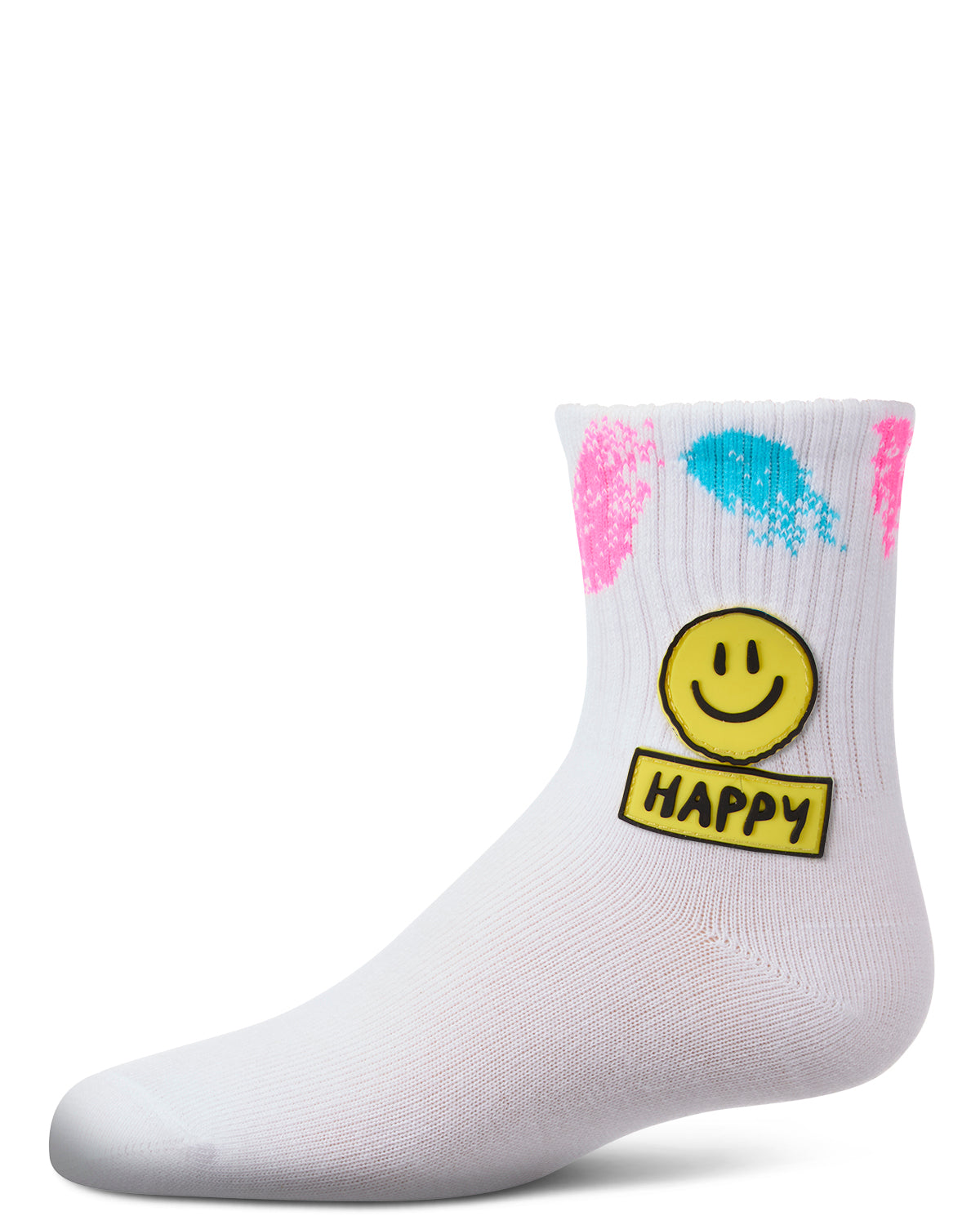 Girls "Happy Face" Cotton Blend Crew Sock with Splatter Paint Graphics