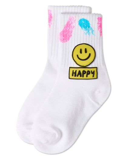Girls "Happy Face" Cotton Blend Crew Sock with Splatter Paint Graphics