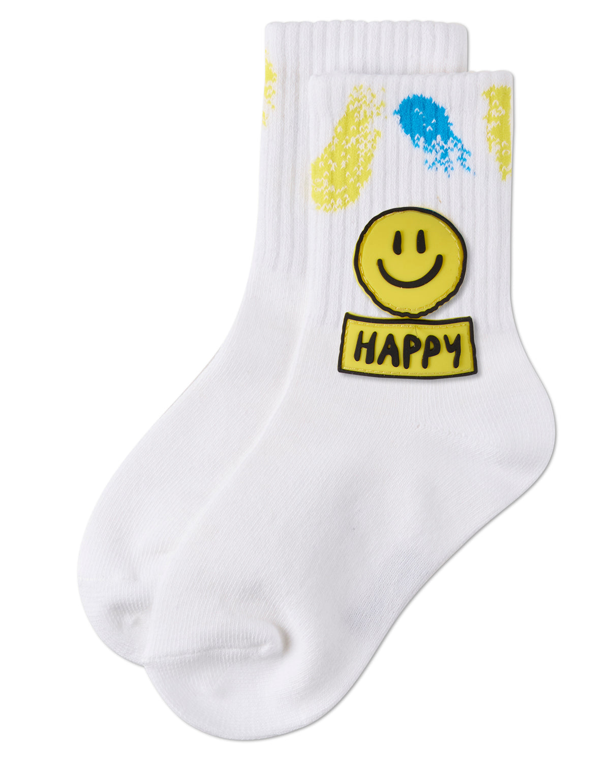 Girls "Happy Face" Cotton Blend Crew Sock with Splatter Paint Graphics