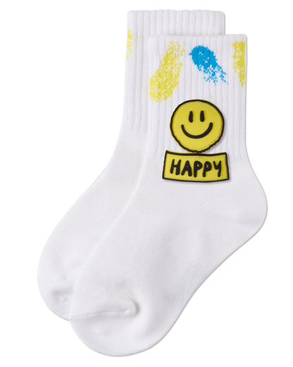 Girls "Happy Face" Cotton Blend Crew Sock with Splatter Paint Graphics