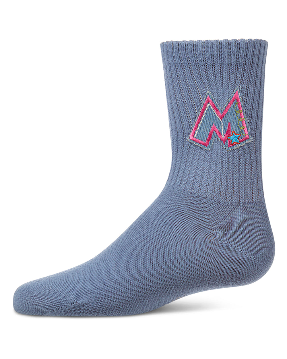 Girls Ribbed Cotton-Rich Crew Socks with Embroidered Denim "M" Patch