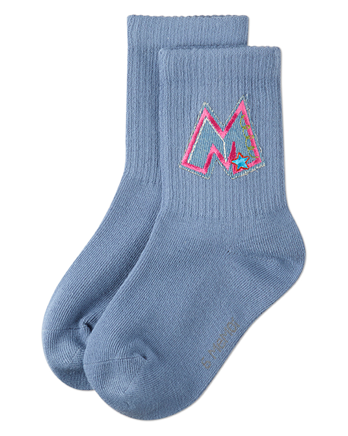 Girls Ribbed Cotton-Rich Crew Socks with Embroidered Denim "M" Patch