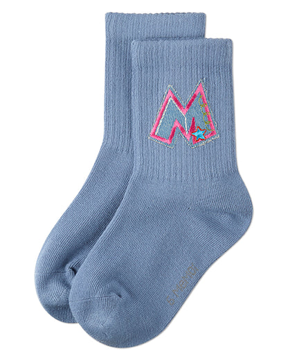 Girls Ribbed Cotton-Rich Crew Socks with Embroidered Denim "M" Patch
