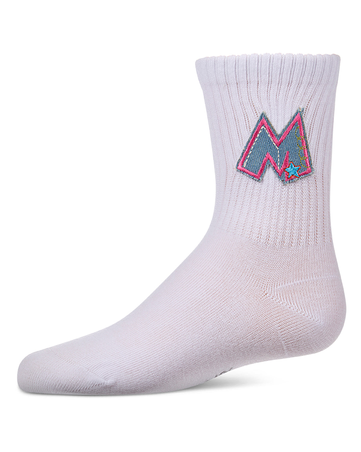 Girls Ribbed Cotton-Rich Crew Socks with Embroidered Denim "M" Patch