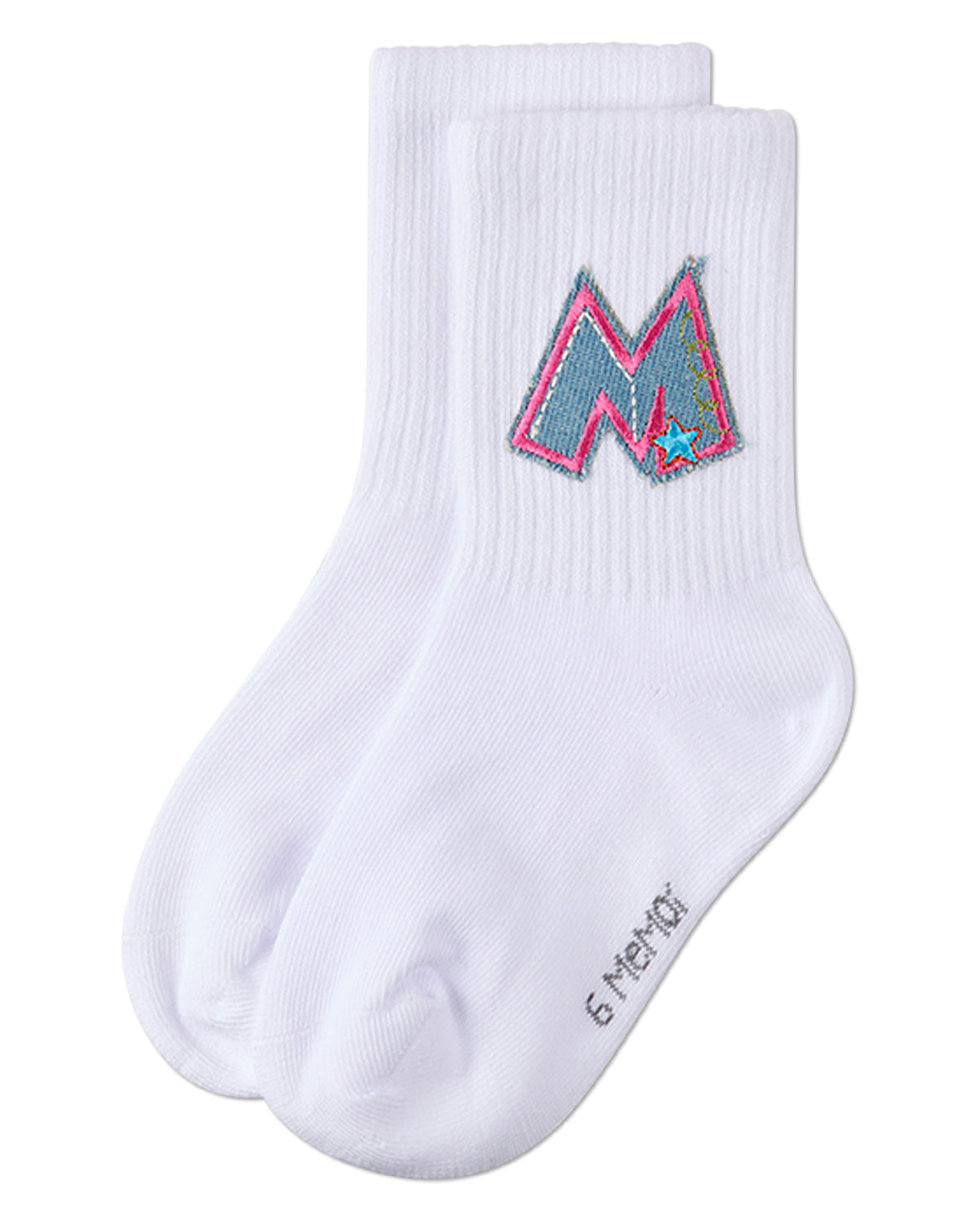 Girls Ribbed Cotton-Rich Crew Socks with Embroidered Denim "M" Patch