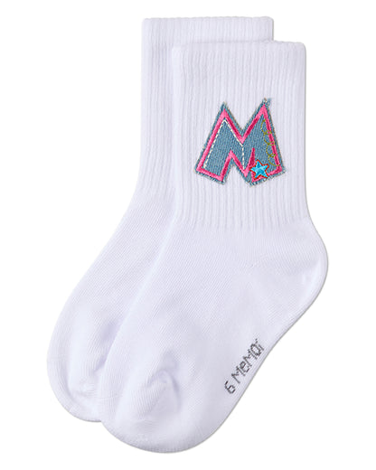 Girls Ribbed Cotton-Rich Crew Socks with Embroidered Denim "M" Patch