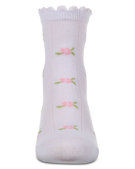 Girls Cotton-Rich Scallop-Trim Crew Sock with Mini-Floral Pattern