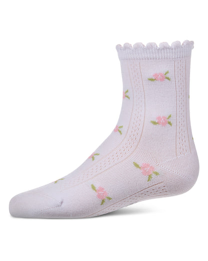 Girls Cotton-Rich Scallop-Trim Crew Sock with Mini-Floral Pattern
