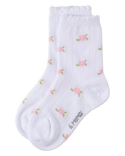 Girls Cotton-Rich Scallop-Trim Crew Sock with Mini-Floral Pattern