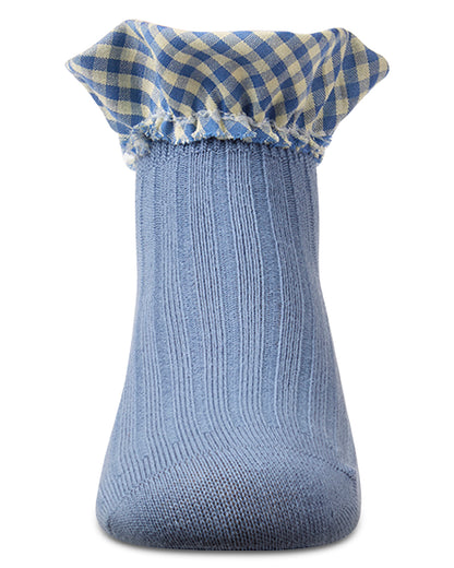 Girls Ribbed Cotton-Rich Checkered Ruffle-Trim Ankle Sock