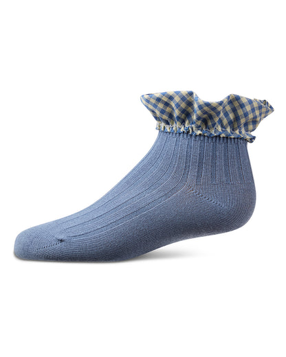 Girls Ribbed Cotton-Rich Checkered Ruffle-Trim Ankle Sock