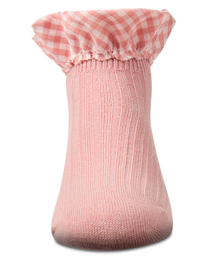 Girls Ribbed Cotton-Rich Checkered Ruffle-Trim Ankle Sock