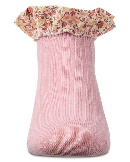 Girls Ribbed Cotton-Rich Floral Ruffle-Trimmed Ankle Sock