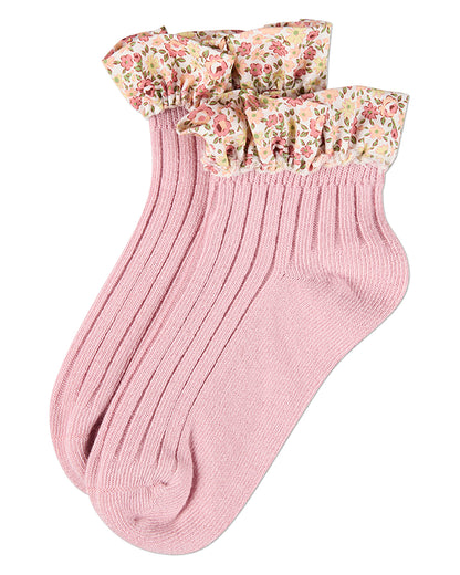 Girls Ribbed Cotton-Rich Floral Ruffle-Trimmed Ankle Sock