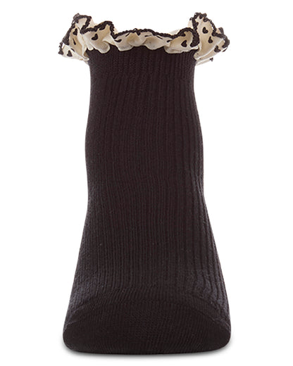 Girls Ribbed Cotton-Rich Ankle Sock with Heart-Print Lace-Trim Ruffle