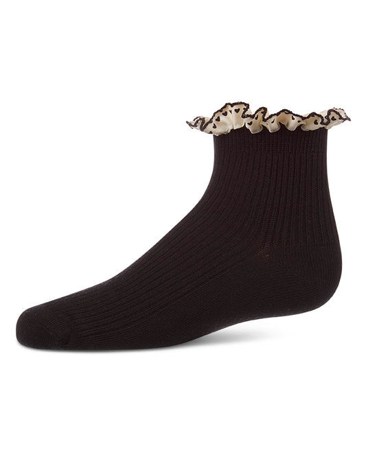 Girls Ribbed Cotton-Rich Ankle Sock with Heart-Print Lace-Trim Ruffle