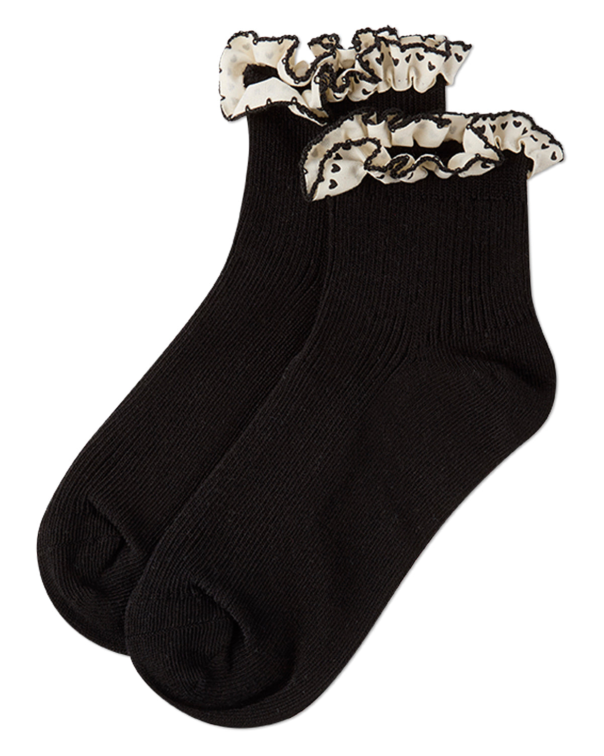 Girls Ribbed Cotton-Rich Ankle Sock with Heart-Print Lace-Trim Ruffle