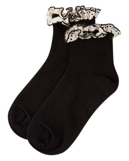 Girls Ribbed Cotton-Rich Ankle Sock with Heart-Print Lace-Trim Ruffle
