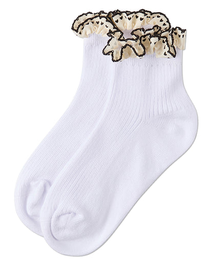 Girls Ribbed Cotton-Rich Ankle Sock with Heart-Print Lace-Trim Ruffle
