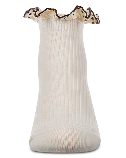 Girls Ribbed Cotton-Rich Ankle Sock with Heart-Print Lace-Trim Ruffle