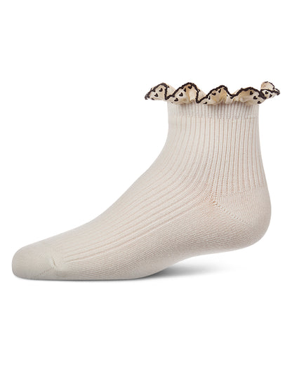 Girls Ribbed Cotton-Rich Ankle Sock with Heart-Print Lace-Trim Ruffle