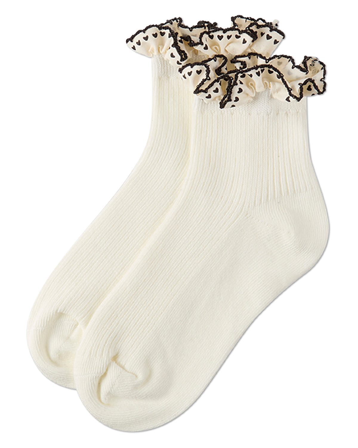 Girls Ribbed Cotton-Rich Ankle Sock with Heart-Print Lace-Trim Ruffle