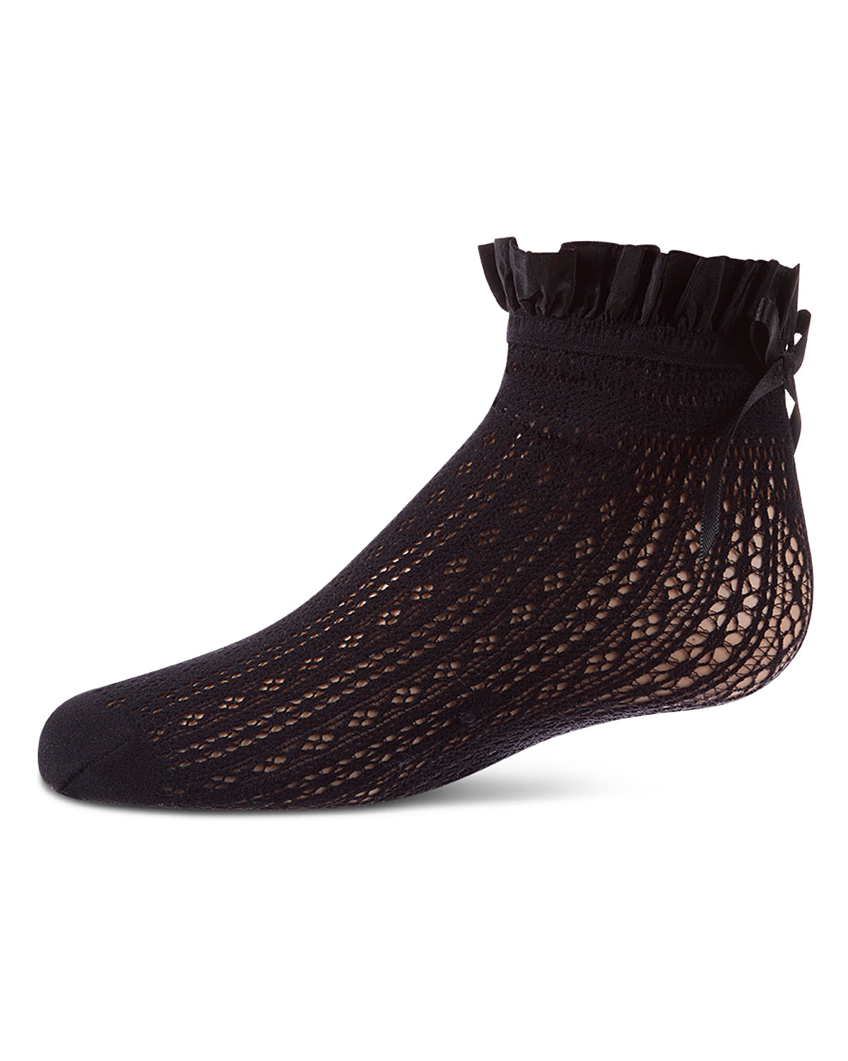 Black fishnet sock with ruffled top on a white background