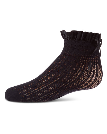 Black fishnet sock with ruffled top on a white background